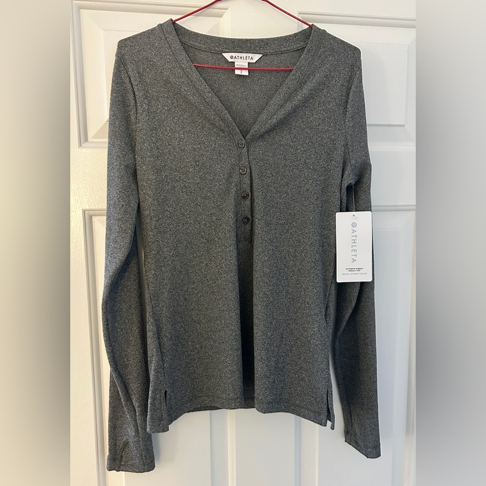 Athleta Uptempo Ribbed Henley Top, small, dark gray marl, NWT